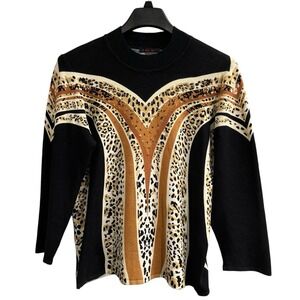 Alison Sheri Sweater Womens‎ XXL Black  Mixed Animal Print Sequin Pullover Artsy